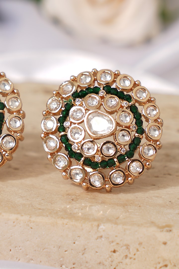 Gold Finish Kundan Polki & Green Stone Stud Earrings by Beryachi at Pernia's Pop Up Shop
