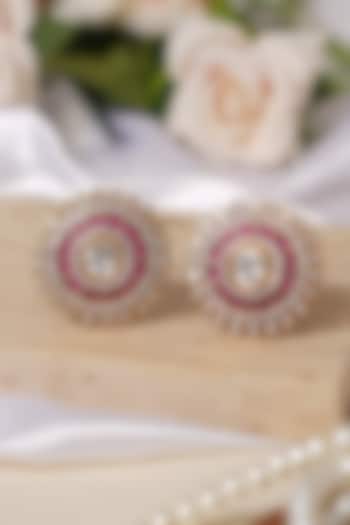 Gold Finish Kundan Polki & Pink Stone Stud Earrings by Beryachi at Pernia's Pop Up Shop