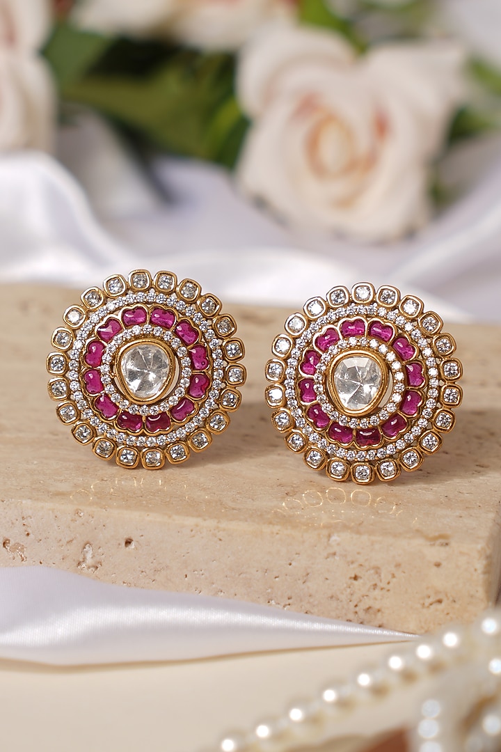 Gold Finish Kundan Polki & Pink Stone Stud Earrings by Beryachi at Pernia's Pop Up Shop