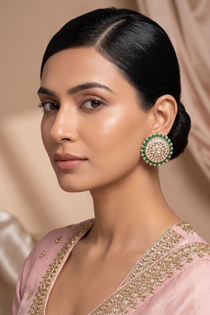 Gold Finish Kundan Polki & Green Stone Stud Earrings by Beryachi at Pernia's Pop Up Shop