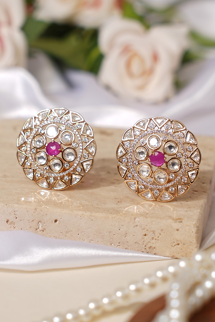 Gold Finish Kundan Polki & Pink Stone Stud Earrings by Beryachi at Pernia's Pop Up Shop