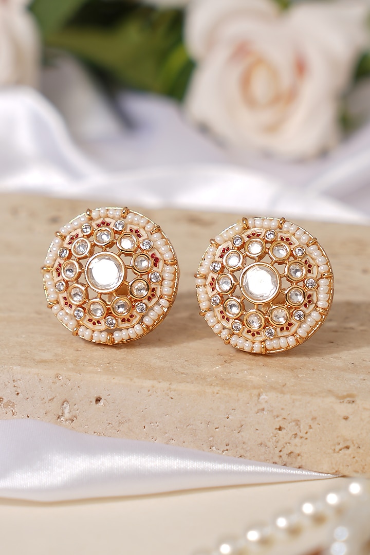 Gold Finish Kundan Polki Stud Earrings by Beryachi at Pernia's Pop Up Shop
