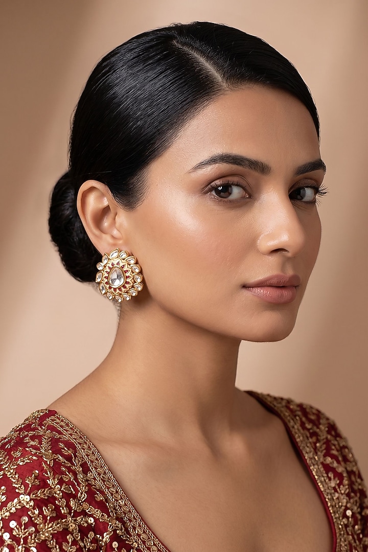 Gold Finish Pink Kundan Polki Stud Earrings by Beryachi at Pernia's Pop Up Shop