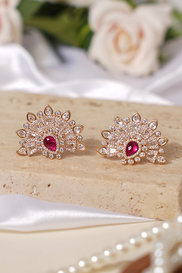 Gold Finish Kundan Polki & Pink Stone Stud Earrings by Beryachi at Pernia's Pop Up Shop