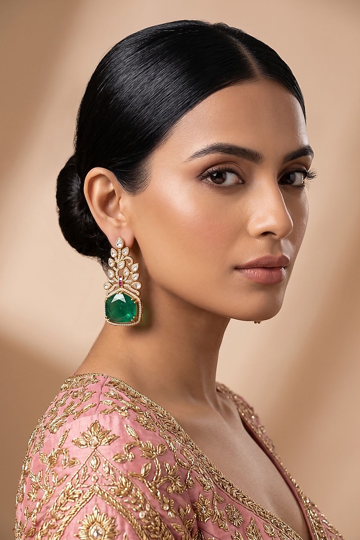 Gold Finish Doublet Kundan Polki & Green Stone Dangler Earrings by Beryachi at Pernia's Pop Up Shop
