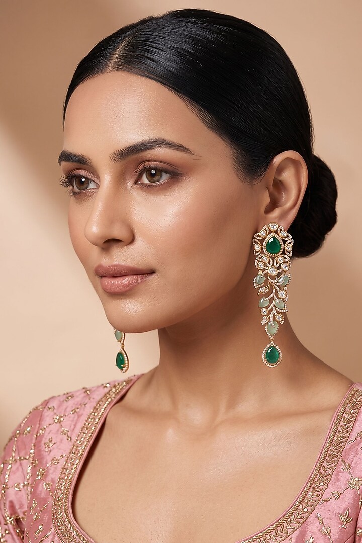 Gold Finish Doublet Kundan Polki & Emerald Stone Dangler Earrings by Beryachi at Pernia's Pop Up Shop