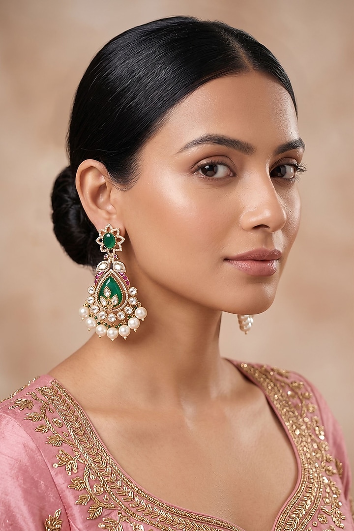 Gold Finish Doublet Kundan Polki & Emerald Stone Jadau Long Earrings by Beryachi at Pernia's Pop Up Shop