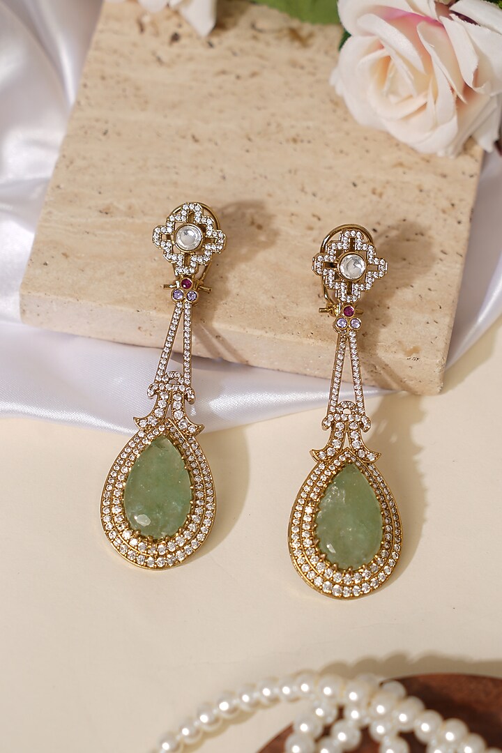 Gold Finish Doublet Kundan Polki & Green Stone Long Earrings by Beryachi at Pernia's Pop Up Shop