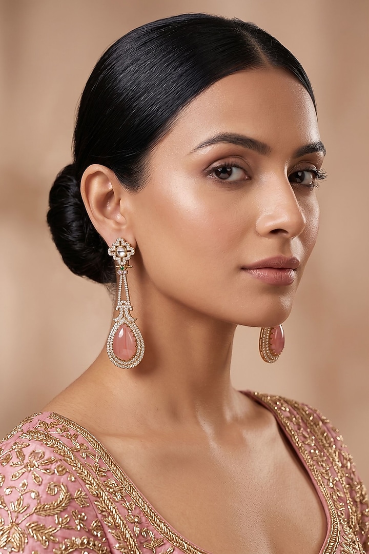 Gold Finish Doublet Kundan Polki & Coral Stone Jadau Long Earrings by Beryachi at Pernia's Pop Up Shop