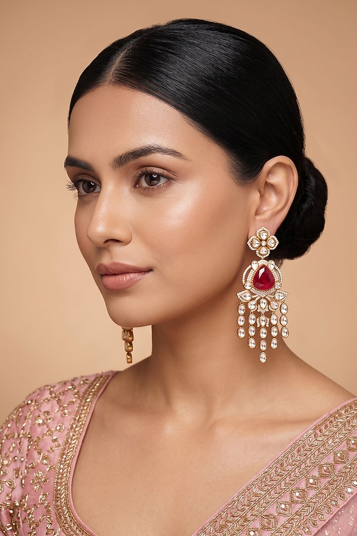 Gold Finish Doublet Kundan Polki & Ruby Stone Long Earrings by Beryachi at Pernia's Pop Up Shop