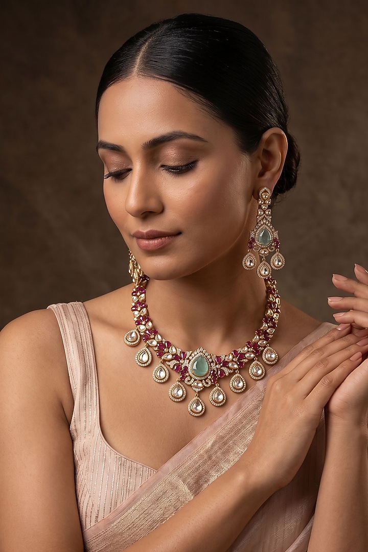 Gold Finish Ruby Kundan Polki & Green Stone Necklace Set by Beryachi at Pernia's Pop Up Shop