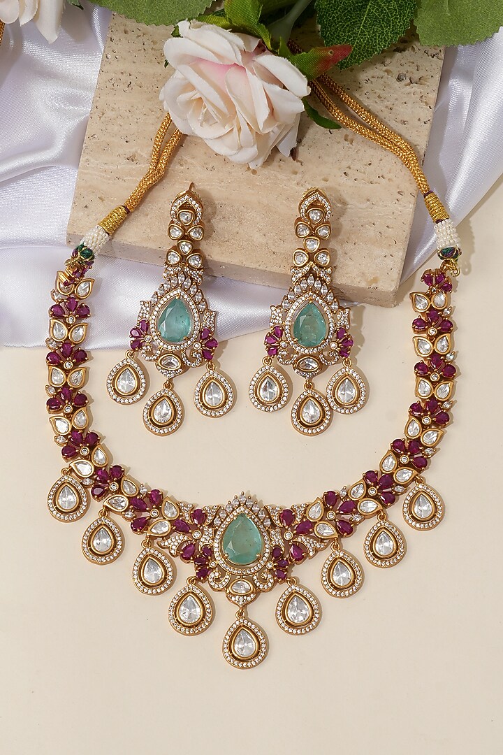 Gold Finish Ruby Kundan Polki & Green Stone Necklace Set by Beryachi at Pernia's Pop Up Shop