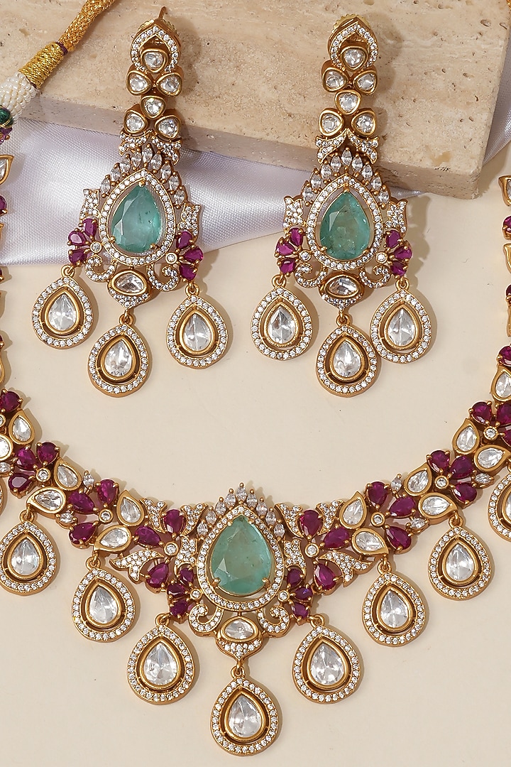 Gold Finish Ruby Kundan Polki & Green Stone Necklace Set by Beryachi at Pernia's Pop Up Shop