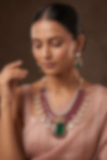 Gold Finish Ruby Doublet Kundan Polki & Green Stone Necklace Set by Beryachi at Pernia's Pop Up Shop