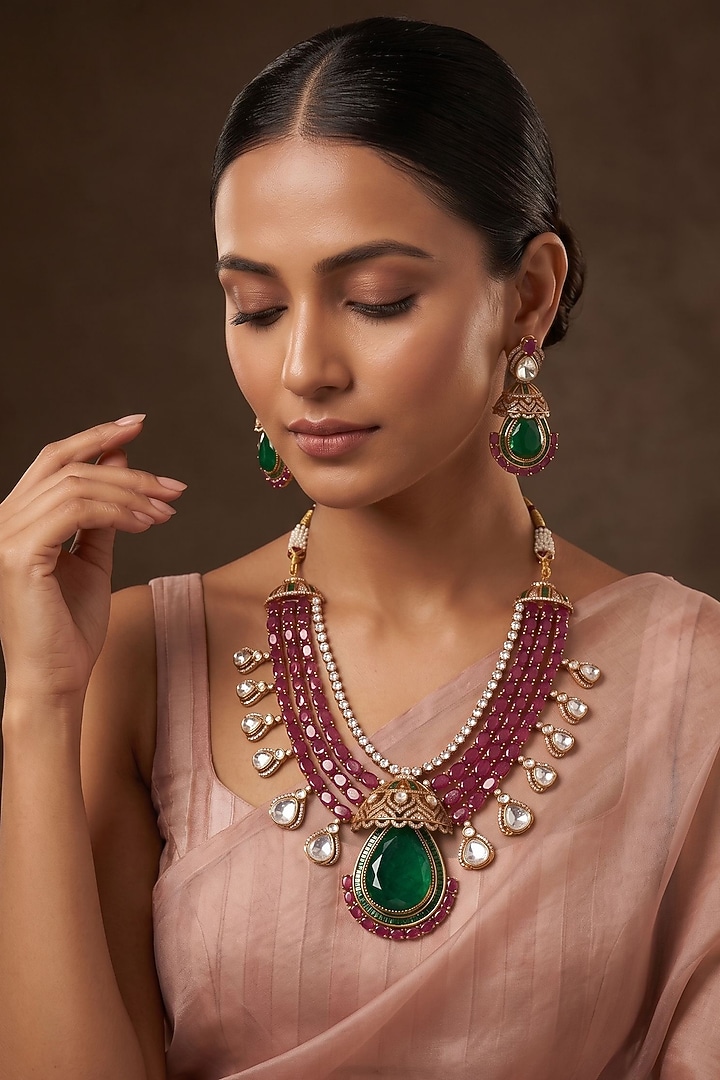 Gold Finish Ruby Doublet Kundan Polki & Green Stone Necklace Set by Beryachi at Pernia's Pop Up Shop