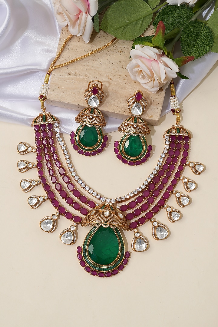 Gold Finish Ruby Doublet Kundan Polki & Green Stone Necklace Set by Beryachi at Pernia's Pop Up Shop