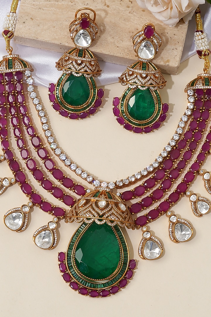 Gold Finish Ruby Doublet Kundan Polki & Green Stone Necklace Set by Beryachi at Pernia's Pop Up Shop