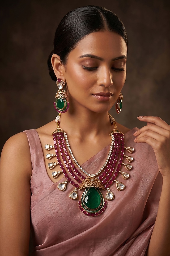 Gold Finish Ruby Doublet Kundan Polki & Green Stone Necklace Set by Beryachi at Pernia's Pop Up Shop