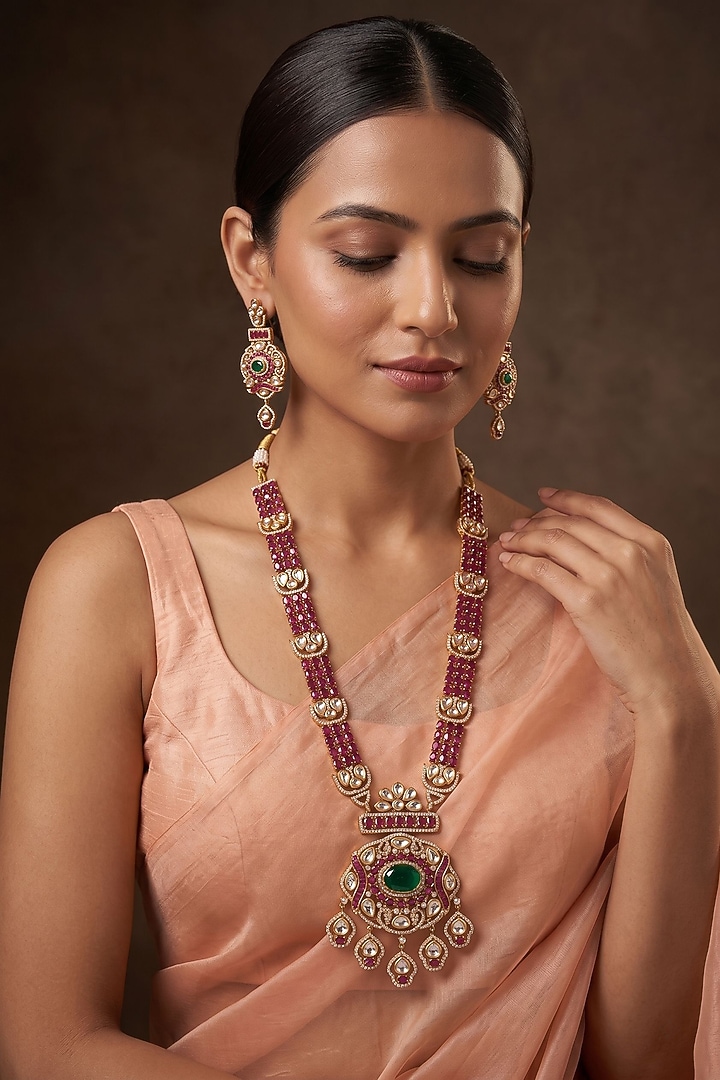 Gold Finish Doublet Kundan Polki Long Necklace Set by Beryachi at Pernia's Pop Up Shop