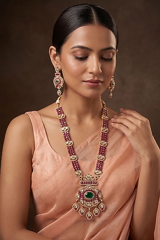 Gold Finish Doublet Kundan Polki Long Necklace Set by Beryachi