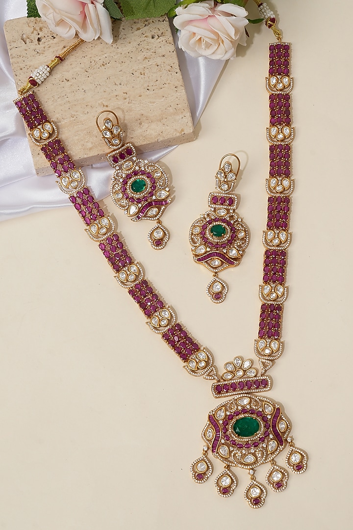 Gold Finish Doublet Kundan Polki Long Necklace Set by Beryachi at Pernia's Pop Up Shop