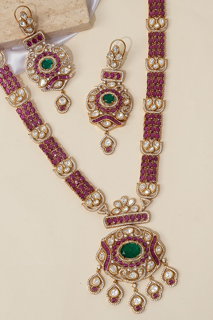 Gold Finish Doublet Kundan Polki Long Necklace Set by Beryachi at Pernia's Pop Up Shop