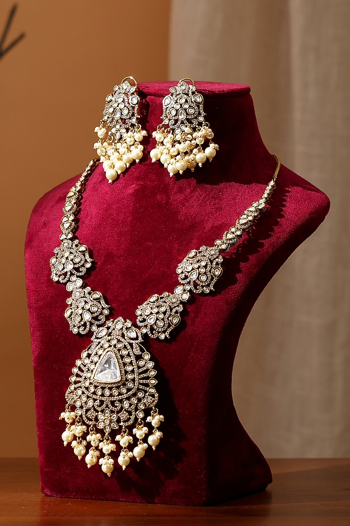 Gold Finish Kundan Polki Long Necklace Set by Beryachi at Pernia's Pop Up Shop