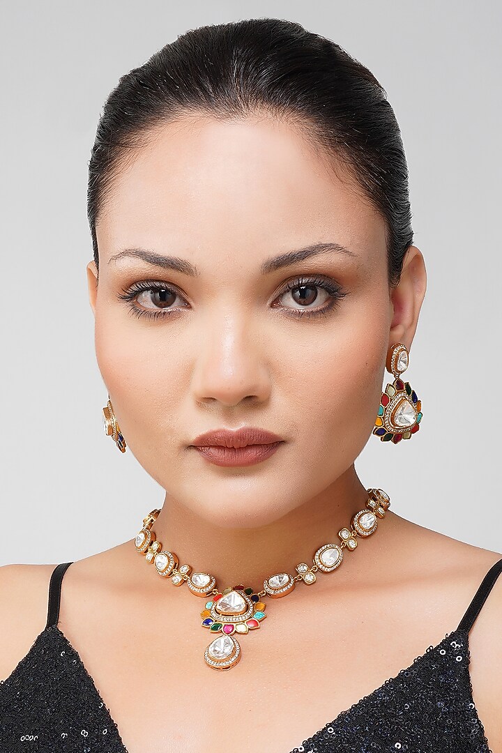 Gold Finish Navratna Stone & Kundan Polki Necklace Set by Beryachi at Pernia's Pop Up Shop