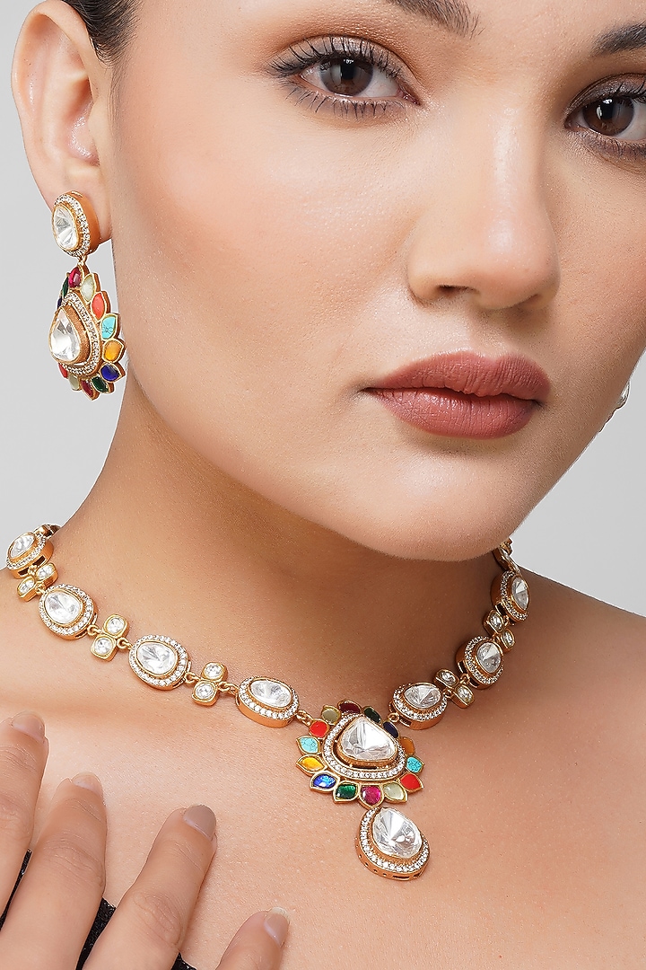 Gold Finish Navratna Stone & Kundan Polki Necklace Set by Beryachi at Pernia's Pop Up Shop