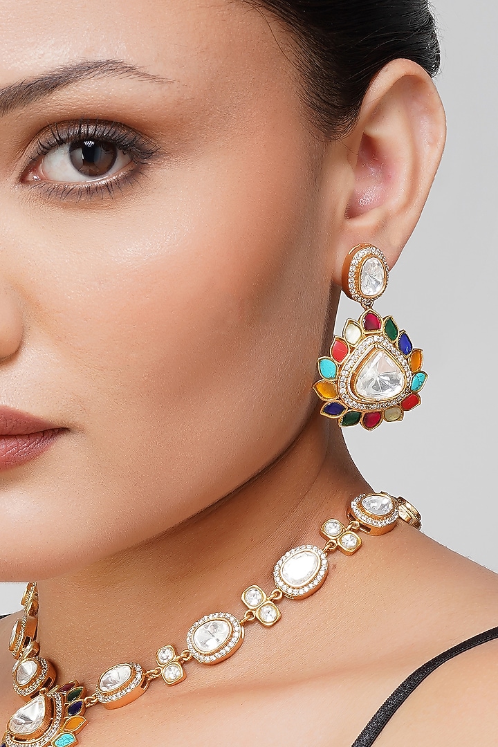 Gold Finish Navratna Stone & Kundan Polki Necklace Set by Beryachi at Pernia's Pop Up Shop