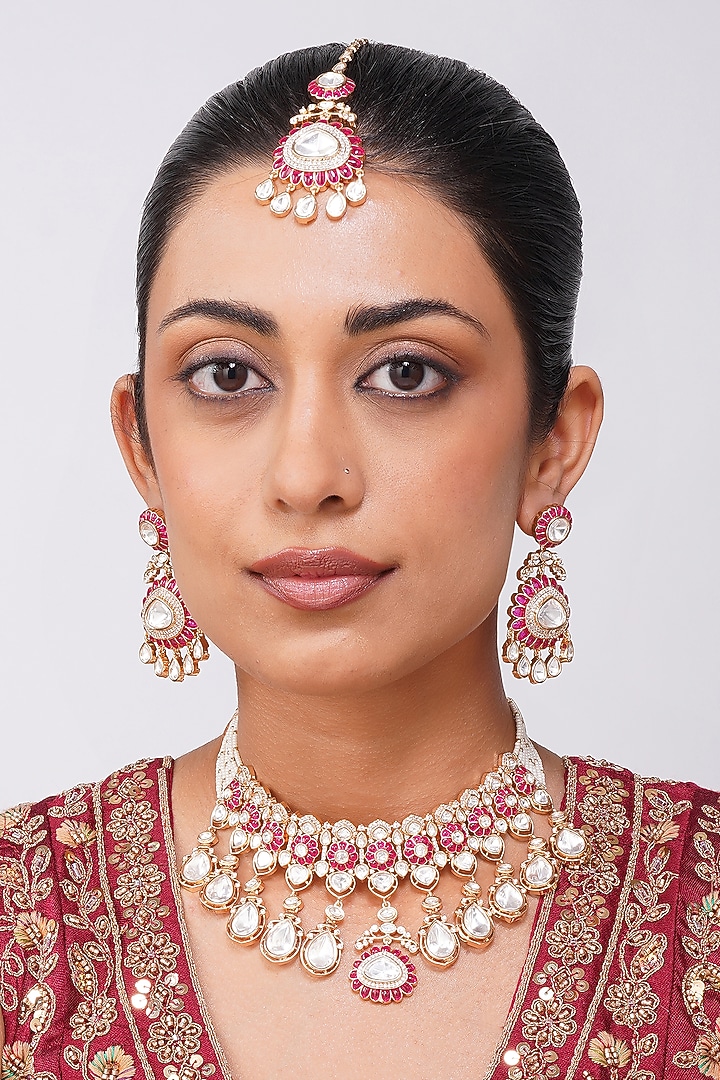 Gold Finish Kundan Polki & Ruby Pearl Necklace Set by Beryachi at Pernia's Pop Up Shop