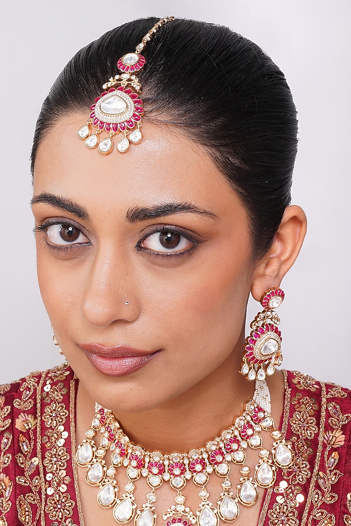 Gold Finish Kundan Polki & Ruby Pearl Necklace Set by Beryachi at Pernia's Pop Up Shop