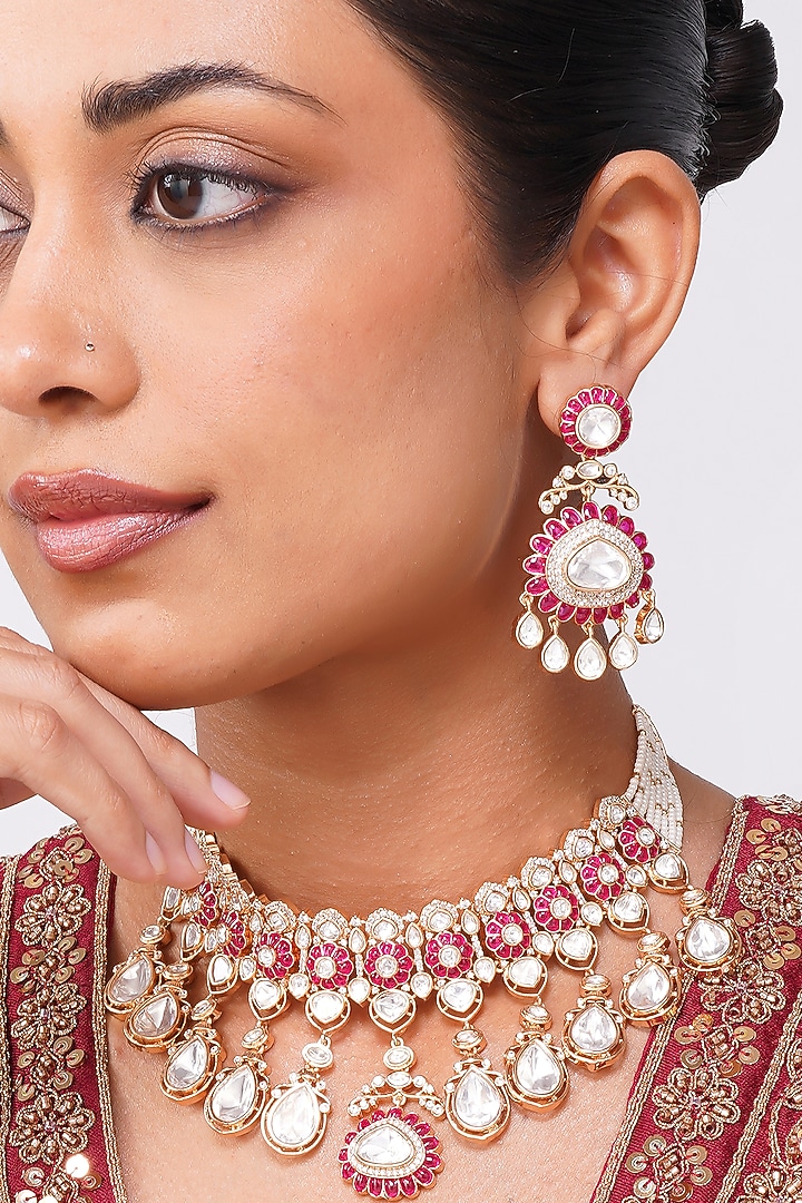 Gold Finish Kundan Polki & Ruby Pearl Necklace Set by Beryachi at Pernia's Pop Up Shop