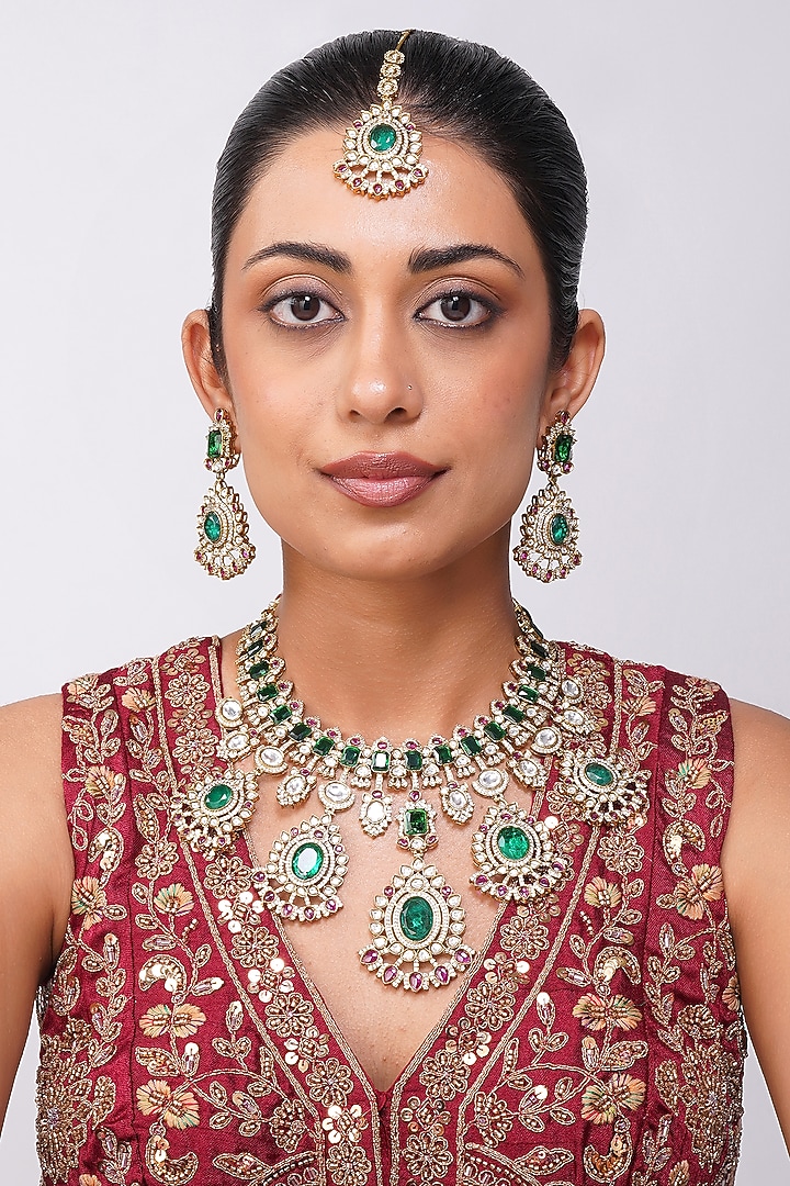Gold Finish Kundan Polki & Emerald Green Stone Necklace Set by Beryachi at Pernia's Pop Up Shop