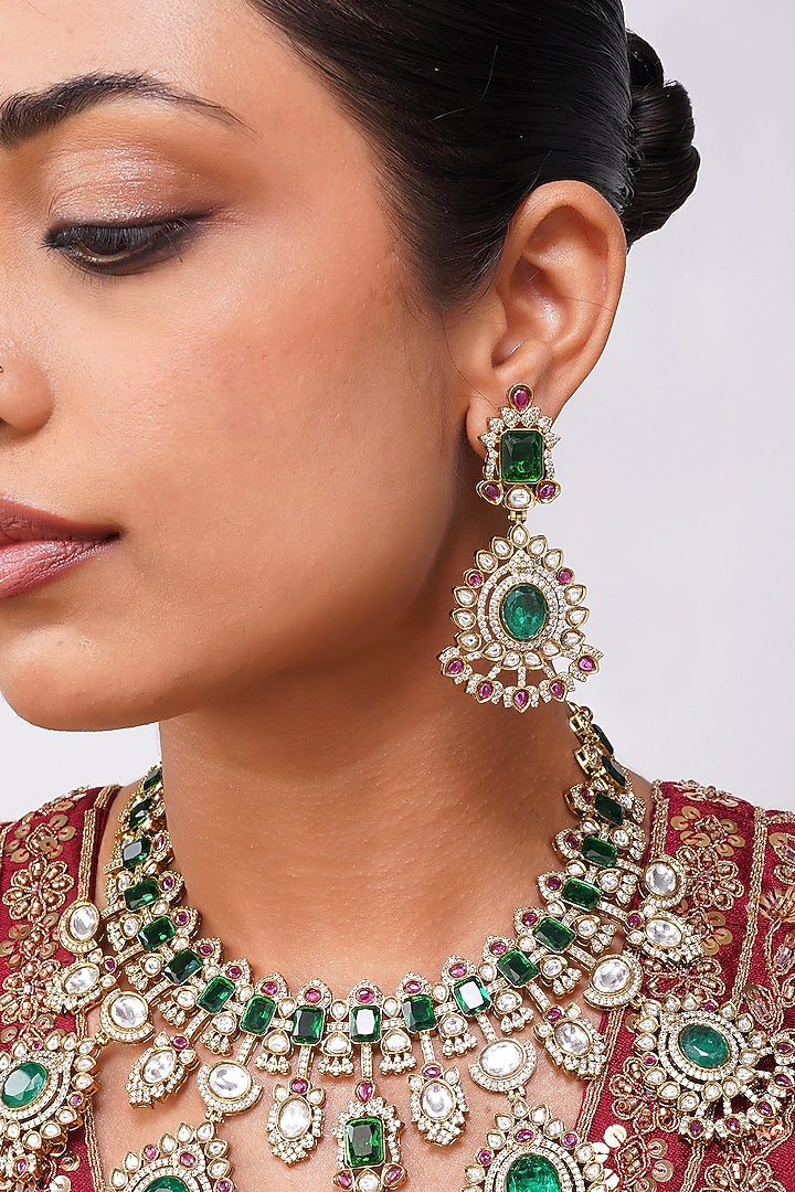 Gold Finish Kundan Polki & Emerald Green Stone Necklace Set by Beryachi at Pernia's Pop Up Shop