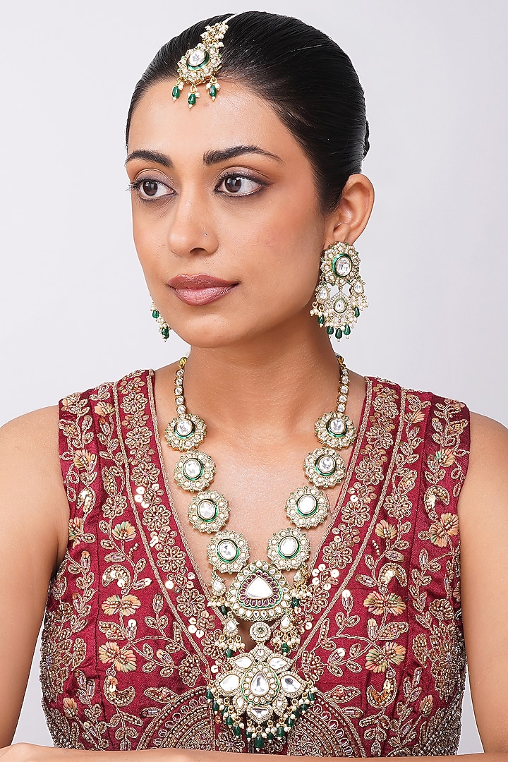 Gold Finish Kundan Polki & Emerald Green Beaded Rani-Haar Necklace Set by Beryachi at Pernia's Pop Up Shop