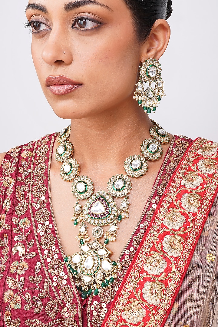 Gold Finish Kundan Polki & Emerald Green Beaded Rani-Haar Necklace Set by Beryachi at Pernia's Pop Up Shop