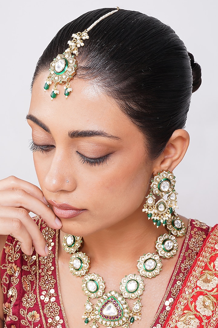 Gold Finish Kundan Polki & Emerald Green Beaded Rani-Haar Necklace Set by Beryachi at Pernia's Pop Up Shop