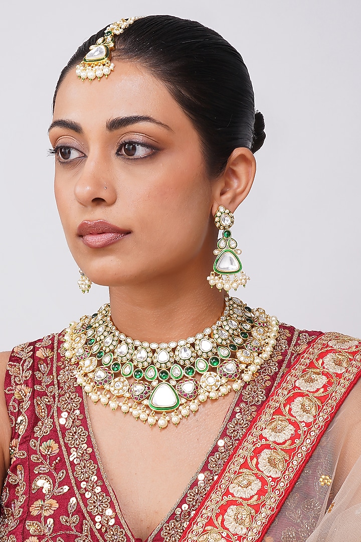 Gold Finish Kundan Polki & Emerald Green Stone Necklace Set by Beryachi at Pernia's Pop Up Shop