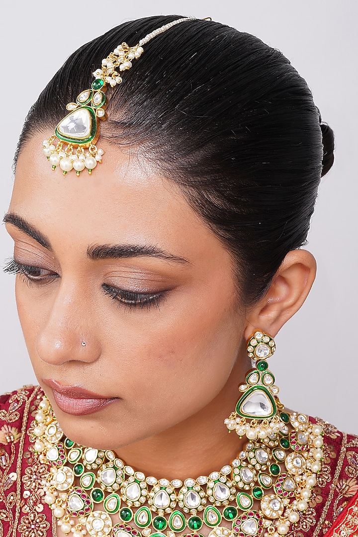 Gold Finish Kundan Polki & Emerald Green Stone Necklace Set by Beryachi at Pernia's Pop Up Shop
