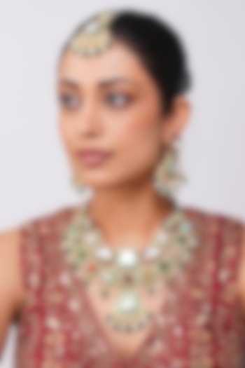 Gold Finish Kundan Polki & Navratna Stone Necklace Set by Beryachi at Pernia's Pop Up Shop