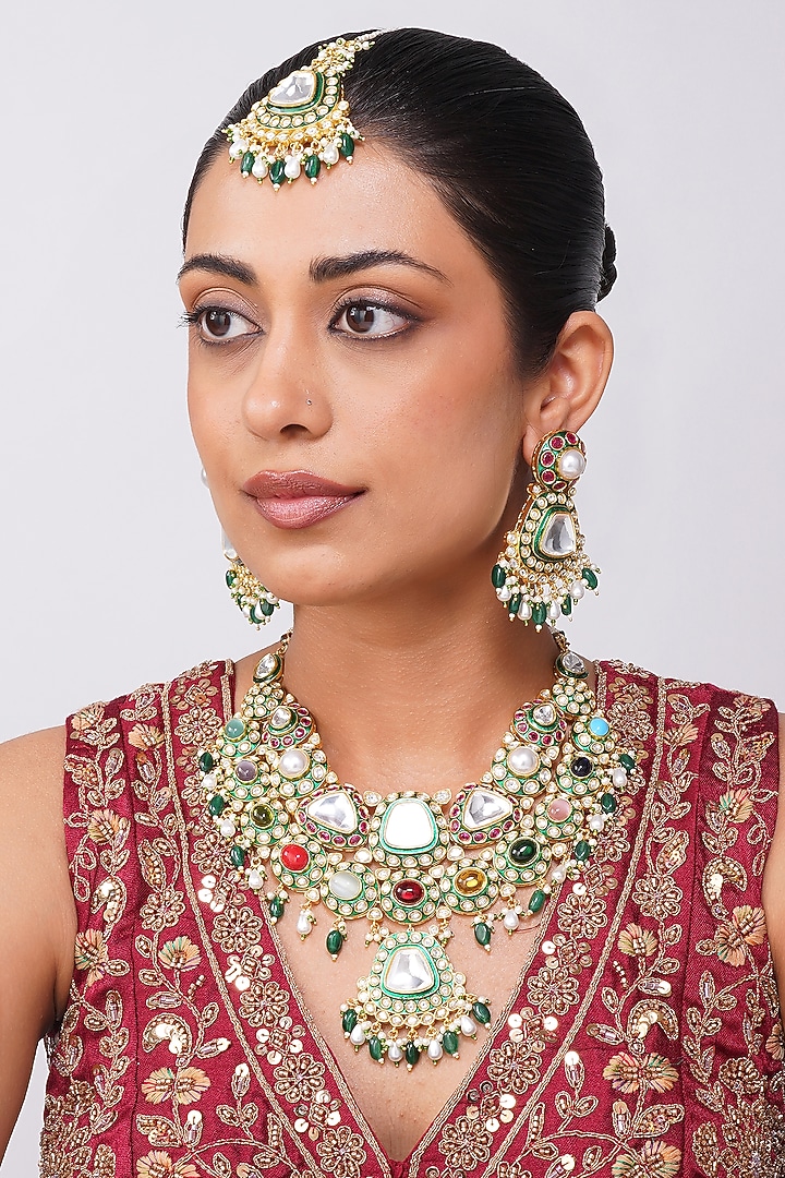 Gold Finish Kundan Polki & Navratna Stone Necklace Set by Beryachi at Pernia's Pop Up Shop