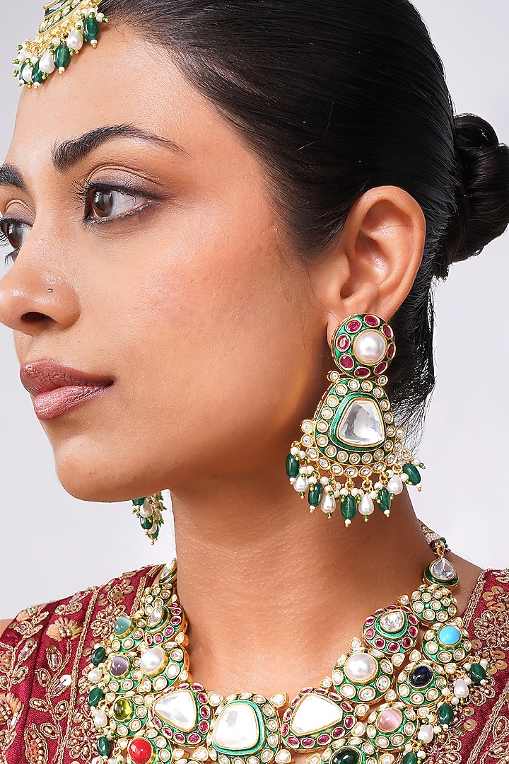 Gold Finish Kundan Polki & Navratna Stone Necklace Set by Beryachi at Pernia's Pop Up Shop