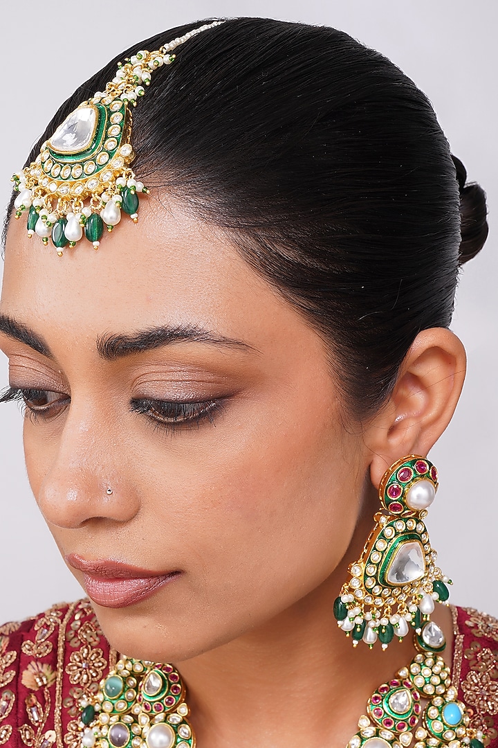 Gold Finish Kundan Polki & Navratna Stone Necklace Set by Beryachi at Pernia's Pop Up Shop