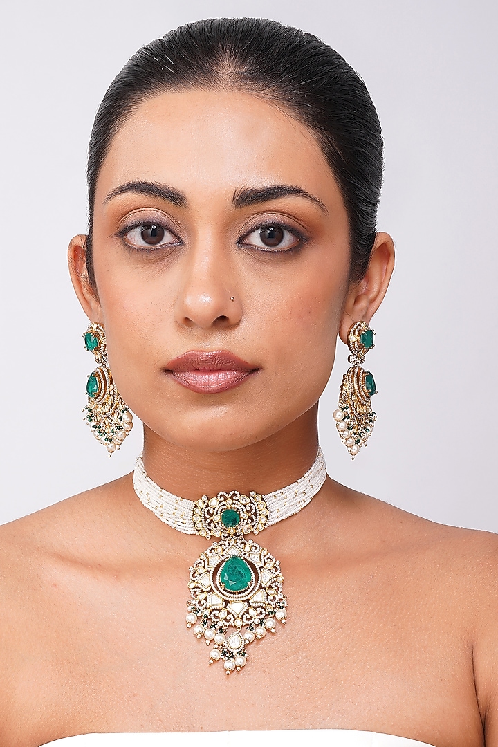 Gold Finish Kundan Polki & Emerald Green Stone Choker Necklace Set by Beryachi at Pernia's Pop Up Shop