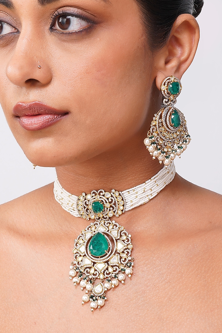 Gold Finish Kundan Polki & Emerald Green Stone Choker Necklace Set by Beryachi at Pernia's Pop Up Shop