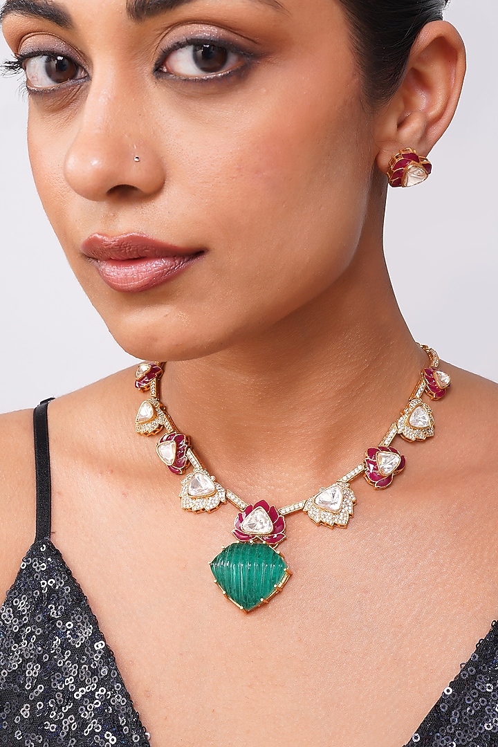 Gold Finish Emerald Green Stone & Kundan Polki Necklace Set by Beryachi at Pernia's Pop Up Shop