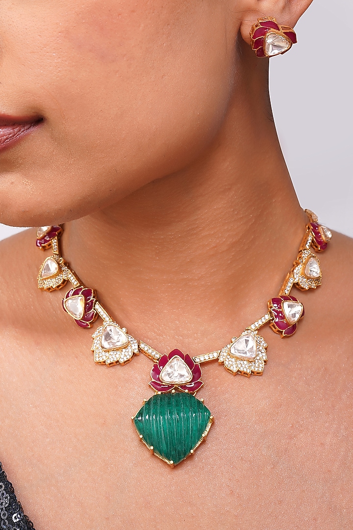 Gold Finish Emerald Green Stone & Kundan Polki Necklace Set by Beryachi at Pernia's Pop Up Shop