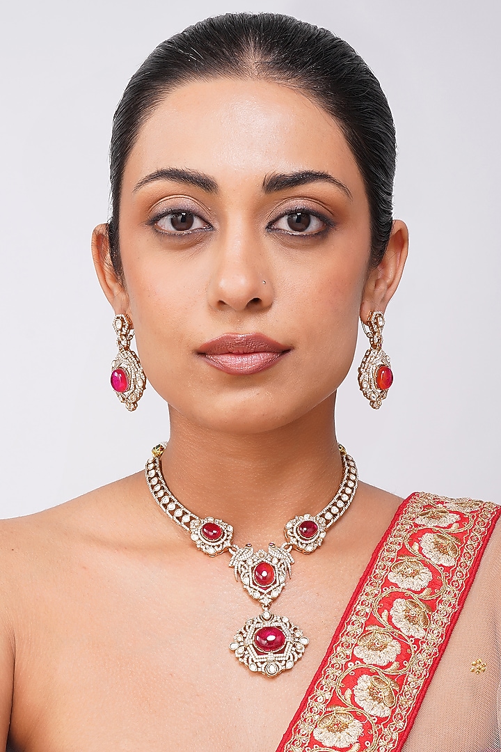 Gold Finish Kundan Polki & Ruby Red Stone Necklace Set by Beryachi at Pernia's Pop Up Shop