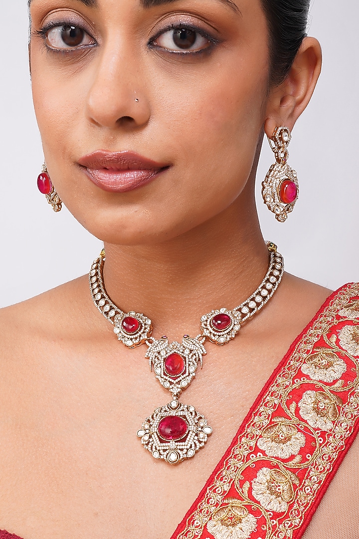 Gold Finish Kundan Polki & Ruby Red Stone Necklace Set by Beryachi at Pernia's Pop Up Shop